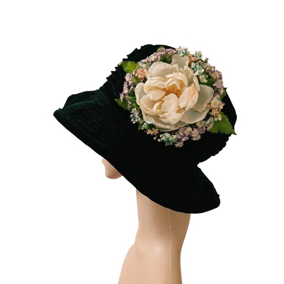 Vintage Importa Black Velvet Flower Wide Brim Hat, Cotton main image 10